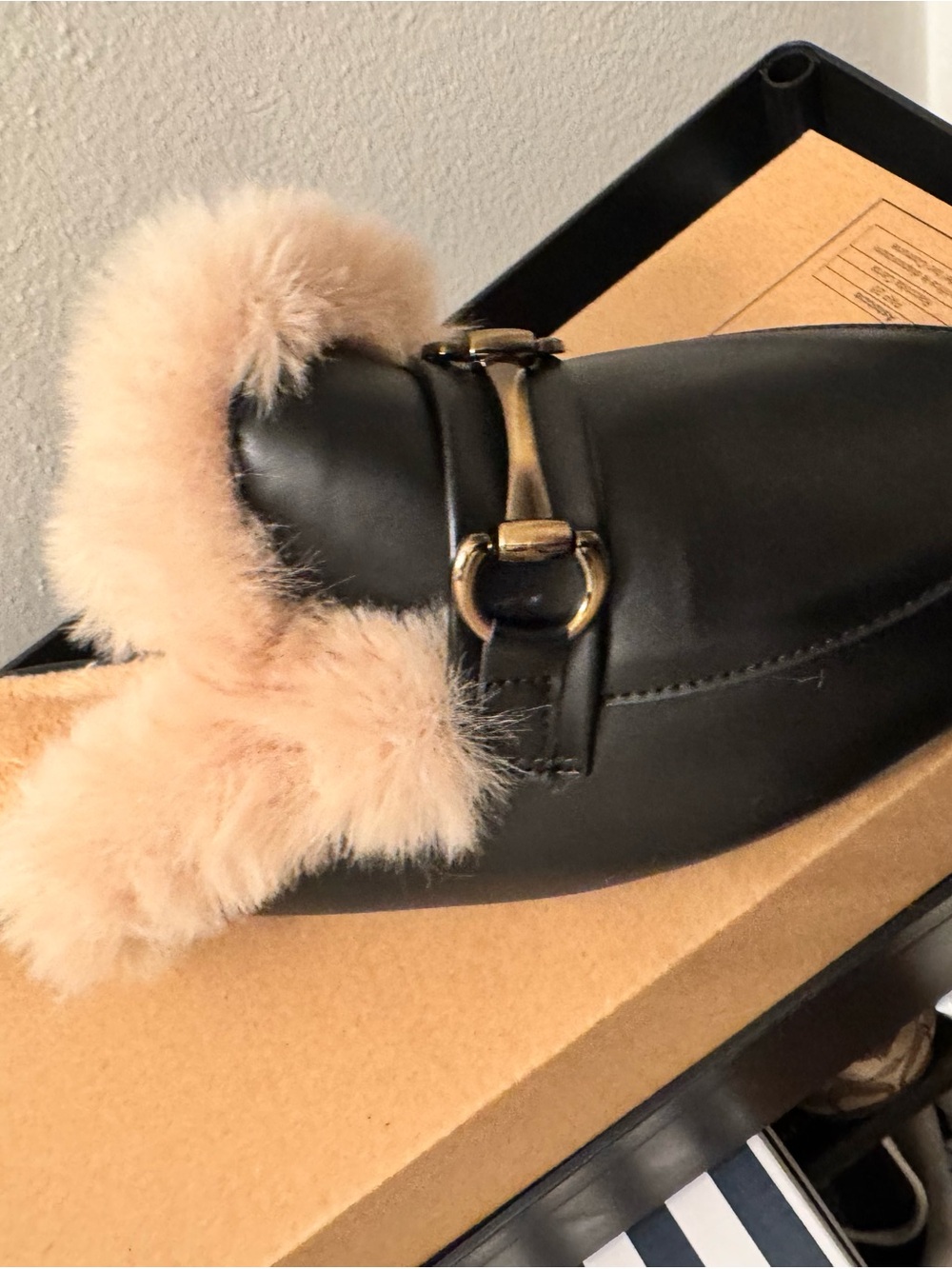 Black Faux Leather Fur-Trim Loafers with Gold Horsebit